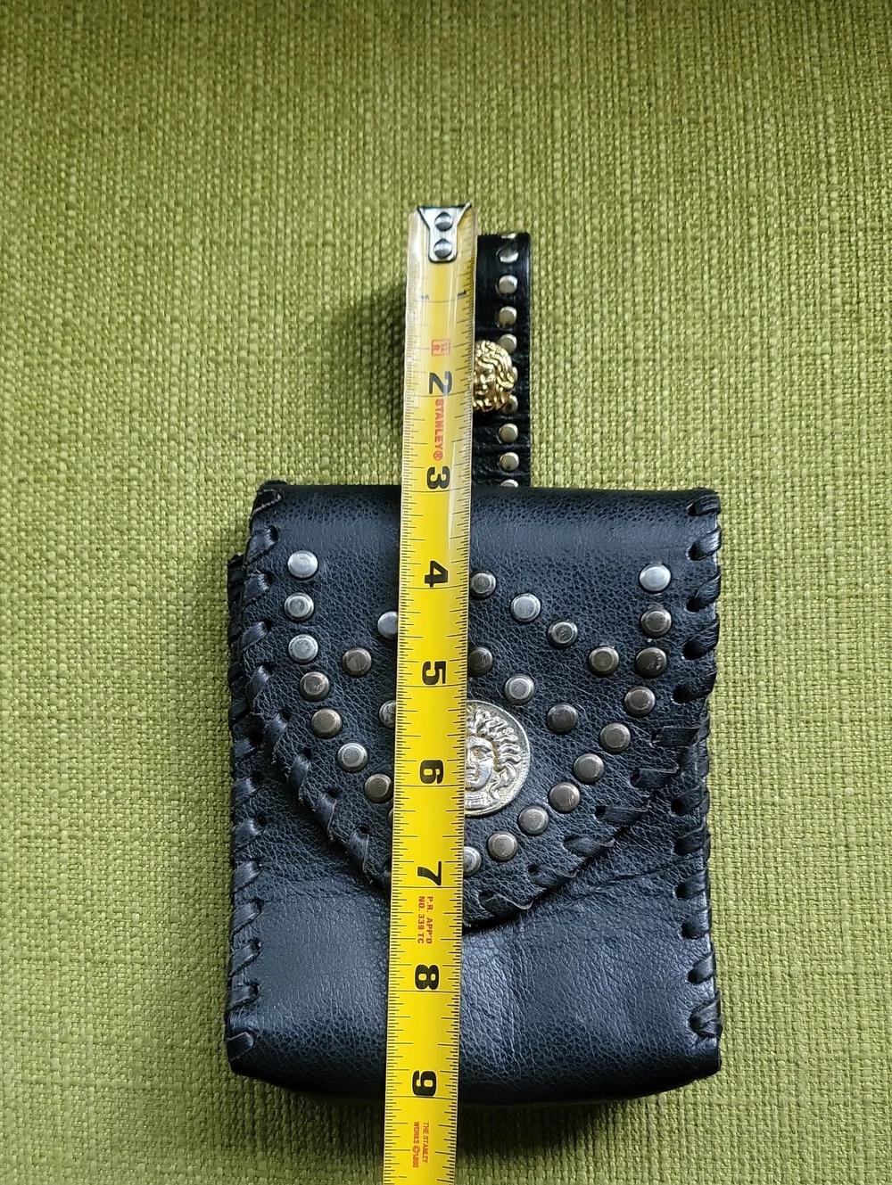 Leatherock Black Leather Studded Belt Pouch with Gold Medallion